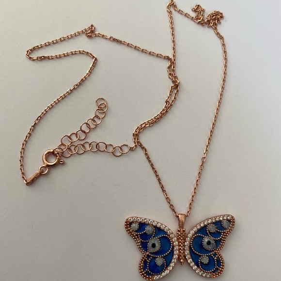 🦋 925 Silver butterfly blue evil eye cz necklace - Picture 2 of 6